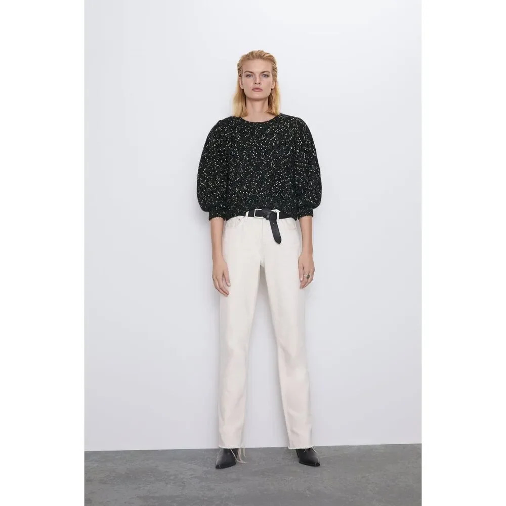 Zara Metallic Thread Speckled Puffy Sleeve Knit Sweater